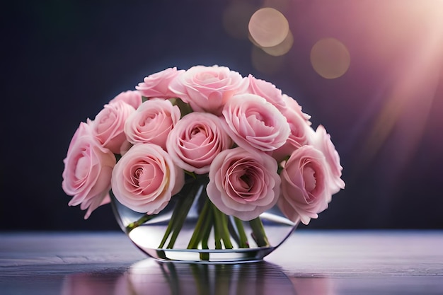 un jarrón de rosas rosas con la luz en el fondo