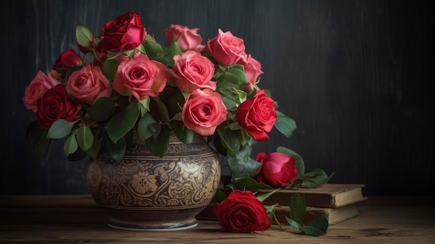 Un jarrón de rosas se sienta en una mesa con un libro.