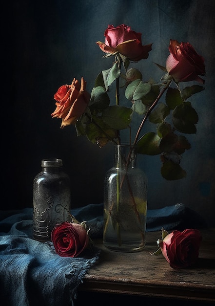 Un jarrón de rosas se sienta sobre un paño azul con una botella de agua en el fondo.