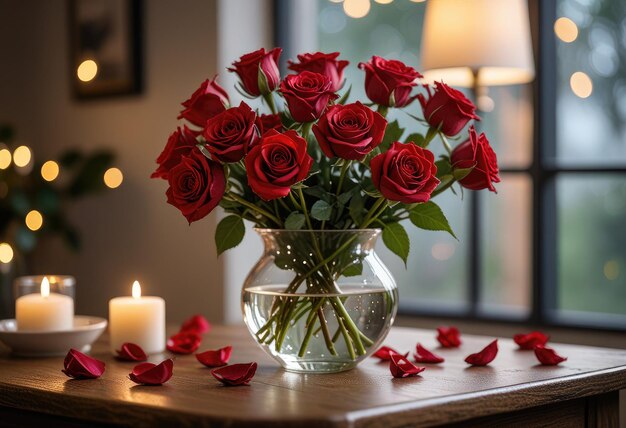 un jarrón de rosas con una vela y una vela en el fondo