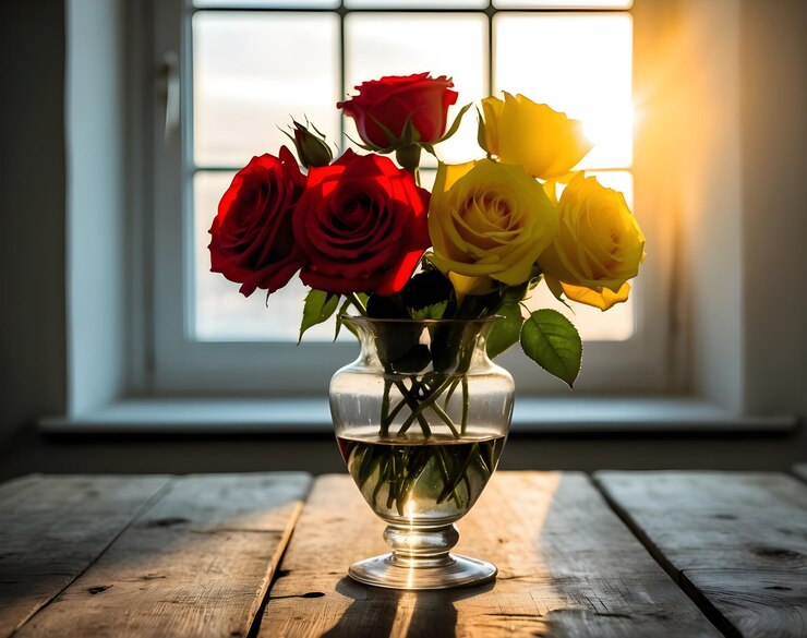 un jarrón de rosas con una ventana detrás de ellos