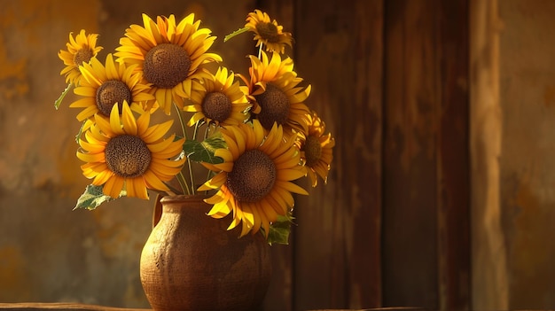 Un jarrón rústico lleno de girasoles amarillos