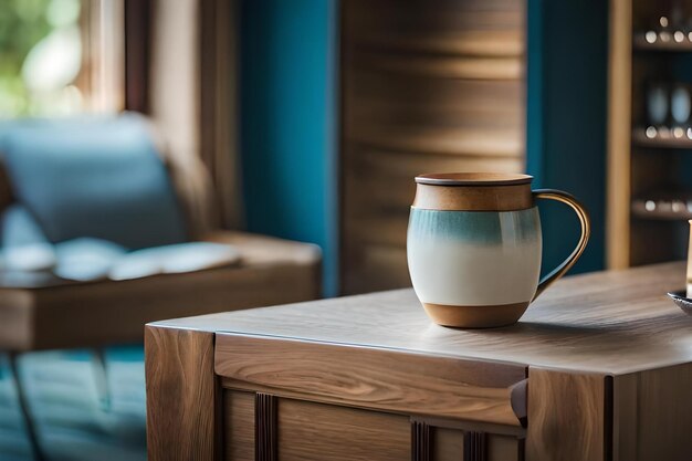 Un jarrón se sienta sobre una mesa con un fondo azul.