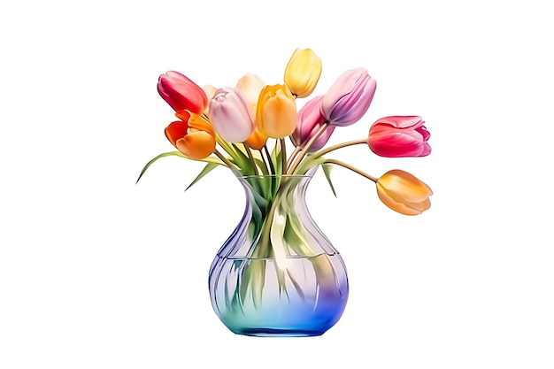Un jarrón de tulipanes coloridos está sobre un fondo blanco.