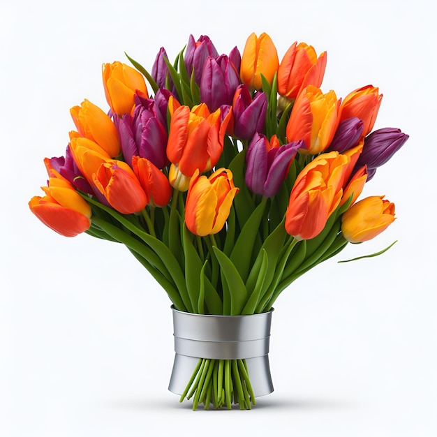 Un jarrón de tulipanes multicolores con tallos verdes.