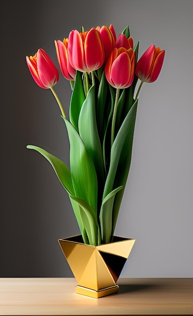 Foto un jarrón de tulipanes rojos está sobre una mesa con un jarrón dorado en forma de triángulo.