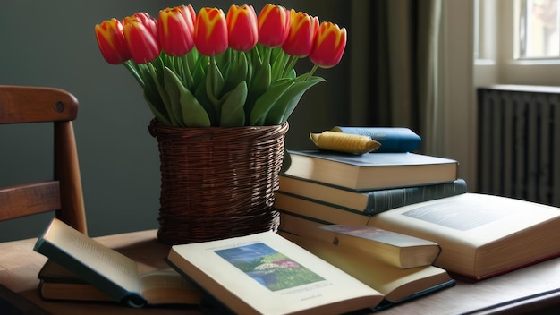 un jarrón de tulipanes se sienta en una mesa junto a un libro