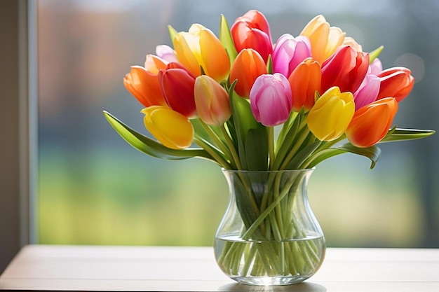 un jarrón de tulipanes con un tallo verde y una ventana en el fondo