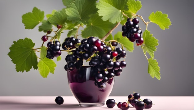 un jarrón con uvas y un ramo de uvas en él