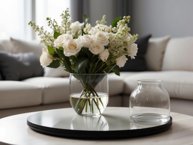 jarrón de vidrio con flores en la mesa de café redonda cerca del sofá blanco estilo escandinavo interior de la casa