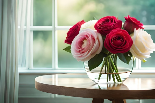 Un jarrón de vidrio con rosas rojas, blancas y rosas en una mesa con un fondo de luz brillante y suave