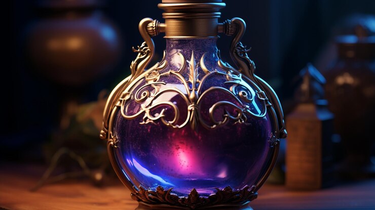 Foto jarrón de vidrio violeta con una luz violeta en el interior sentado en una mesa ai generativo