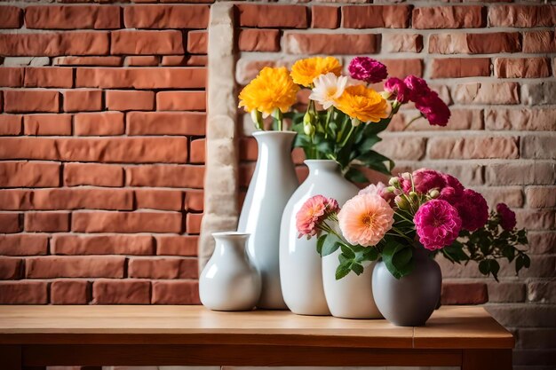 Los jarrones con flores en una mesa con una pared de ladrillo detrás de ellos.