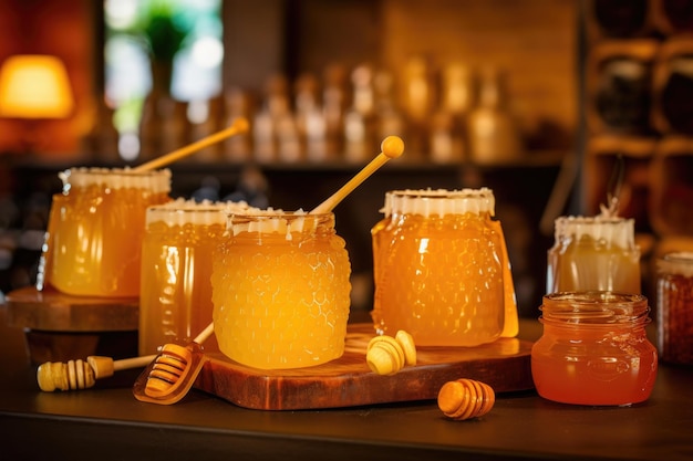 Jarros de mel com rótulos ao lado de velas de cera de abelha criadas com ai gerativa