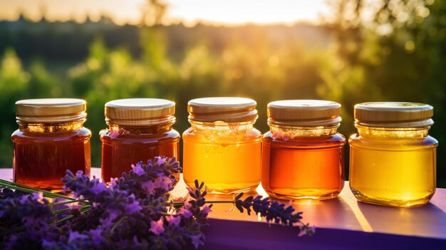 Foto jarros de mel de flores orgânicas em uma mesa de madeira com pôr-do-sol de lavanda ao fundo ai gerativa