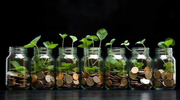 Jarros de vidro com moedas e mudas em fundo preto Conceito de cultivo de dinheiro