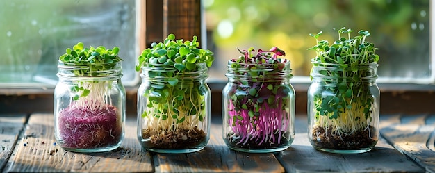 Jarros de vidrio en un alféizar de la ventana cada uno que contiene diferentes tipos de brotes de microgreens prósperos Concepto Microgreens Jarros de cristal en el alféizer de las ventanas Jardinería Vida saludable