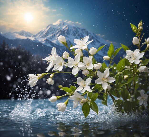 Jasminblumen auf dem Hintergrund schneebedeckter Berge