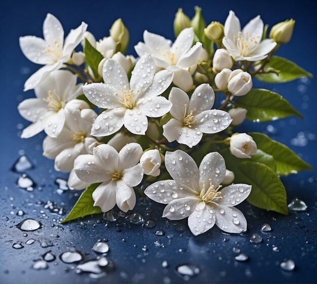 Jasminblumen mit Wassertropfen auf einem dunkelblauen Hintergrund