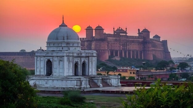 Foto el jaswant thada y el fuerte de mehrangarh en el fondo al atardecer el jaswant thada es una loca cenotafia