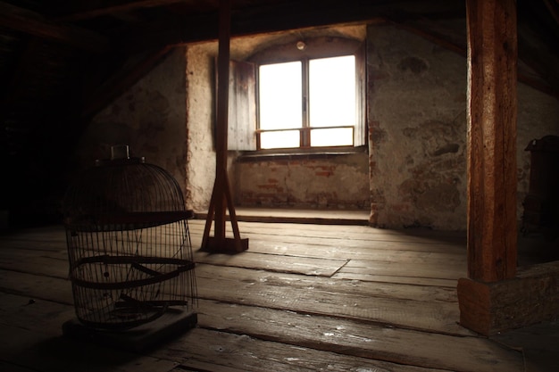Jaula de pájaros dañada en el piso de madera de un edificio antiguo