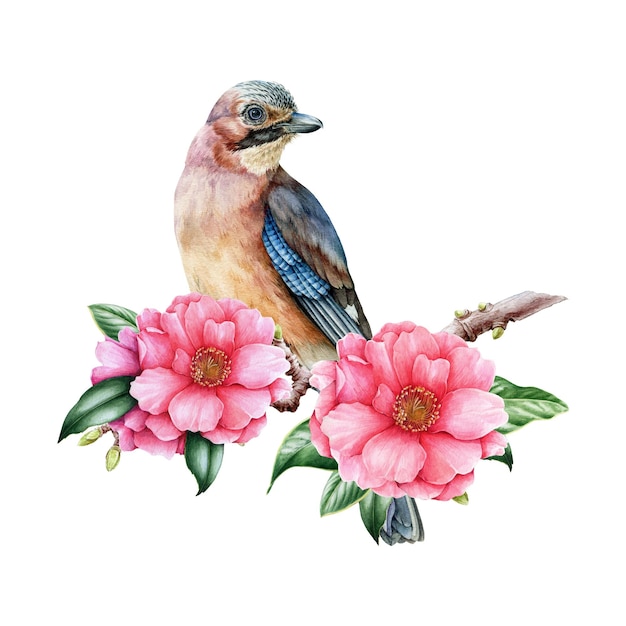 Jay bird no galho de camélia com flores ilustração em aquarela decoração floral realista