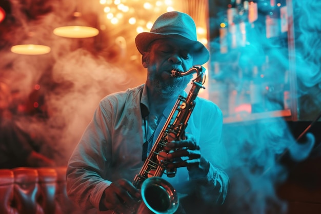 Jazz Revival Músico de jazz tocando el saxofón en un club lleno de humo con iluminación azul