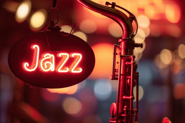 Jazz Revival Neon-Schild, auf dem Jazz mit einem Saxophon im Vordergrund geschrieben ist