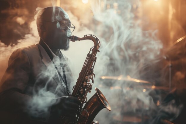 Jazz Revival Um músico de jazz contemplativo tocando saxofone em um cenário cheio de fumaça