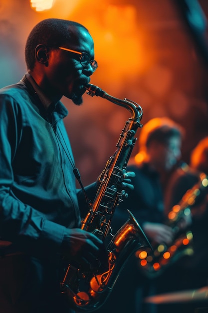 Jazz Revival Um músico toca saxofone apaixonadamente durante um concerto ao vivo