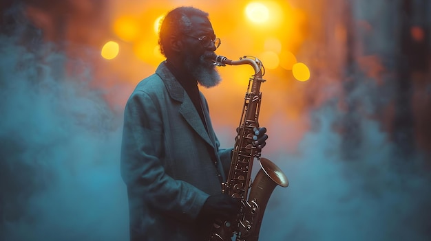 Jazz-Saxophonist, eingehüllt in Bühnenlichter, leidenschaftlicher Soloauftritt, sinnliche Musikatmosphäre, eingefangen von KI