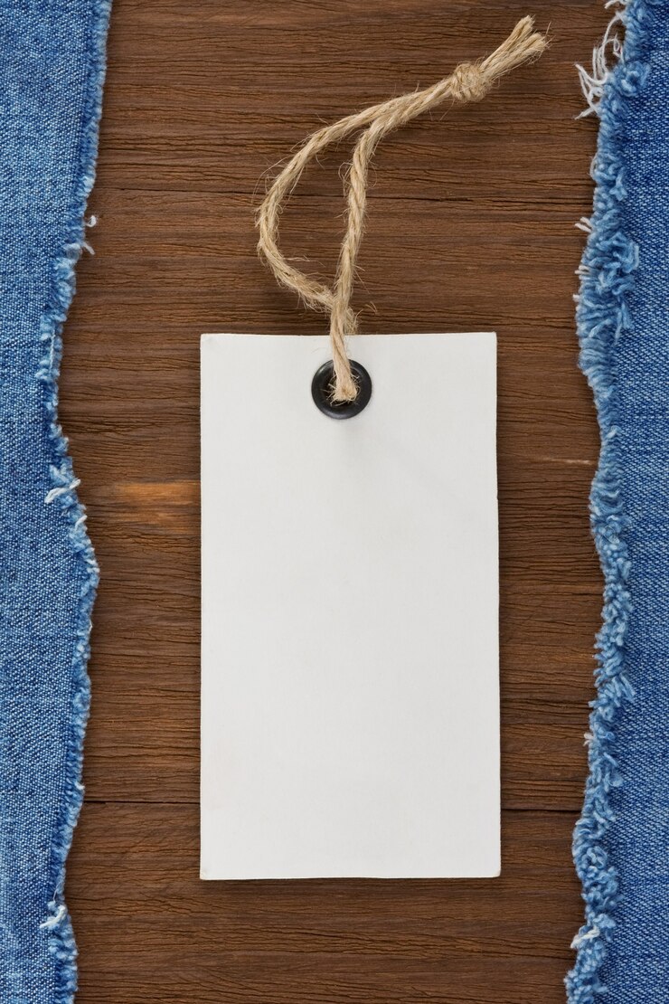 Foto jean azul e etiqueta de preço em fundo de textura de madeira