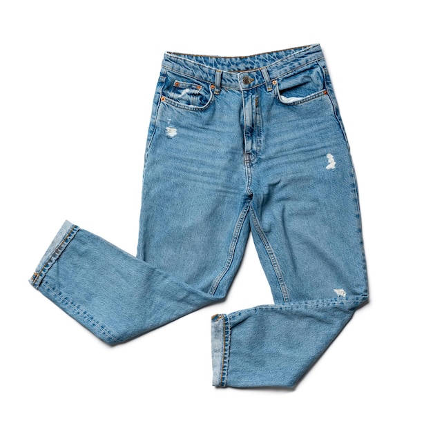 Jeans azuis em um fundo branco vista de cima