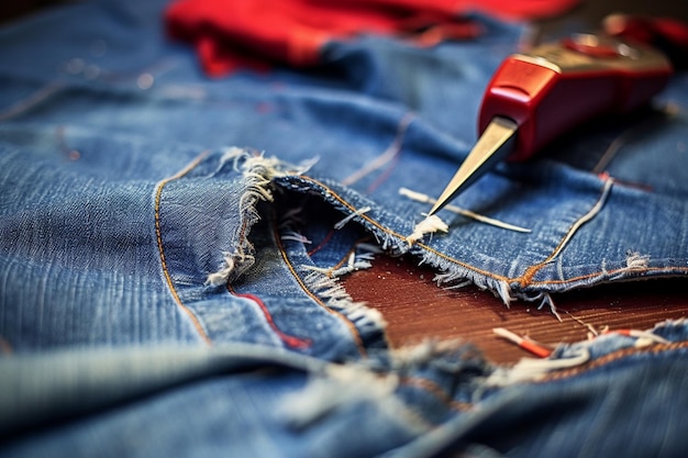 Jeans y herramientas de costura en una mesa de madera Profundidad de campo poco profunda