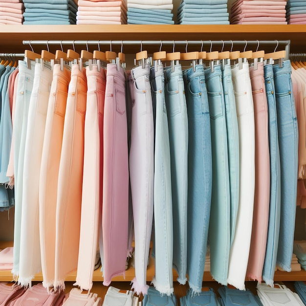 Jeans pastel de cor pendurados em ganchos em uma loja de roupas