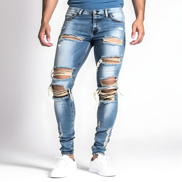 Jeans rasgados con camisa azul