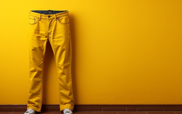 Jeans SlimFit colgando contra una pared amarilla