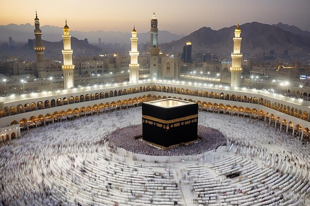 Foto jeddah arabia saudita 27 de febrero de 2023 peregrinos musulmanes en la kaaba en la mezquita haram de la meca arabia saudita por la mañana realizando la umrah