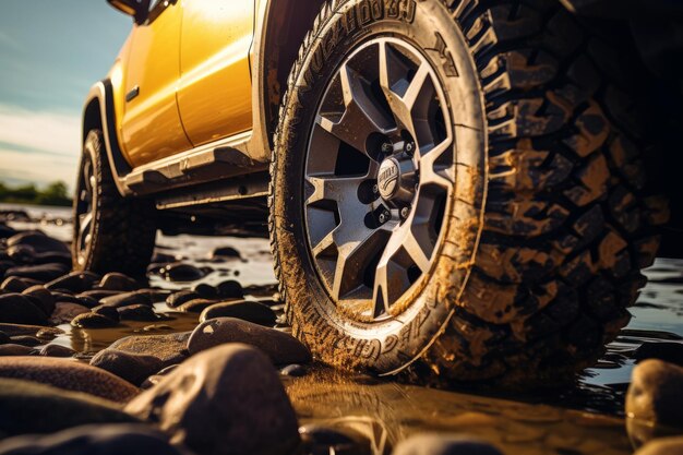 Foto jeep amarillo estacionado en la playa rocosa