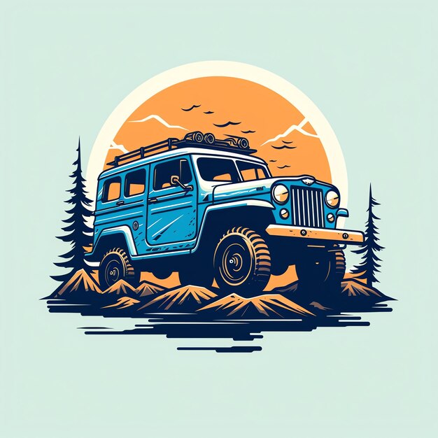 Foto un jeep azul en una colina con árboles y sol