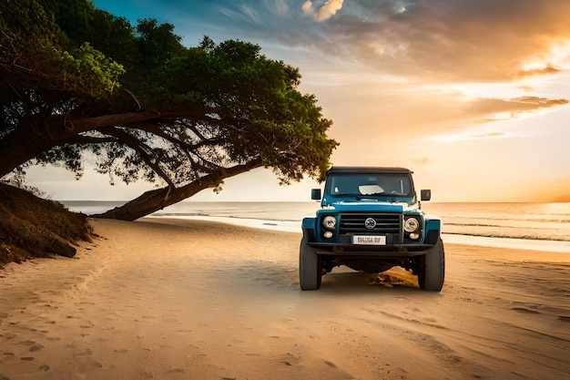 Un jeep azul está estacionado en la playa con la palabra "en el frente".