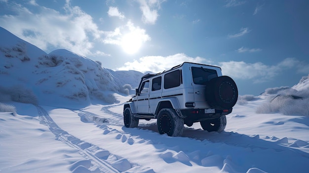 Un jeep blanco está estacionado en la nieve.