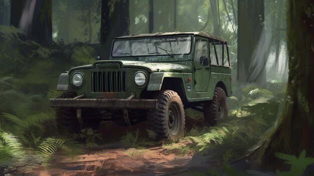 Un jeep en el bosque con la palabra jeep en el frente.