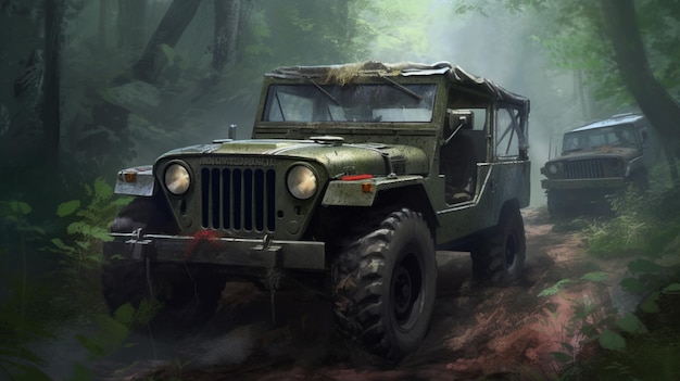 Un jeep en el bosque con la palabra jeep en el frente.