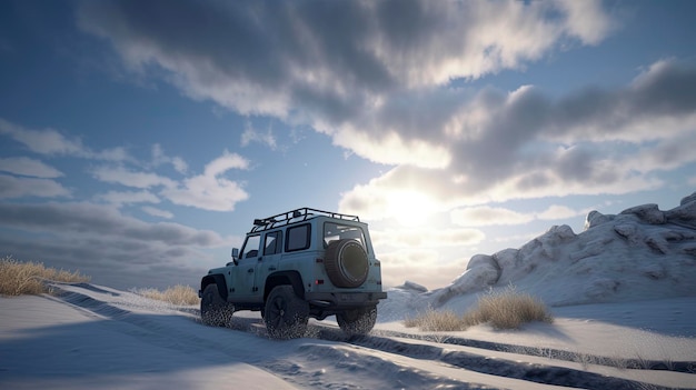 Un jeep en un camino nevado con el sol detrás