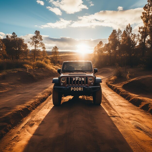 Foto un jeep en un camino de tierra con el punto de la palabra en el frente