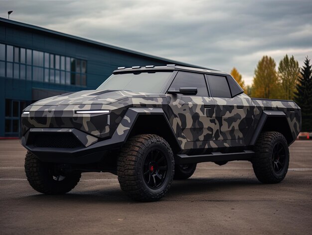 Foto un jeep camuflado con pintura de camuflaje en el lado