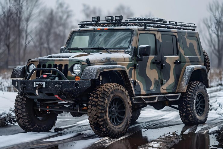 Jeep de camuflaje robusto listo para aventuras fuera de carretera en el paisaje invernal