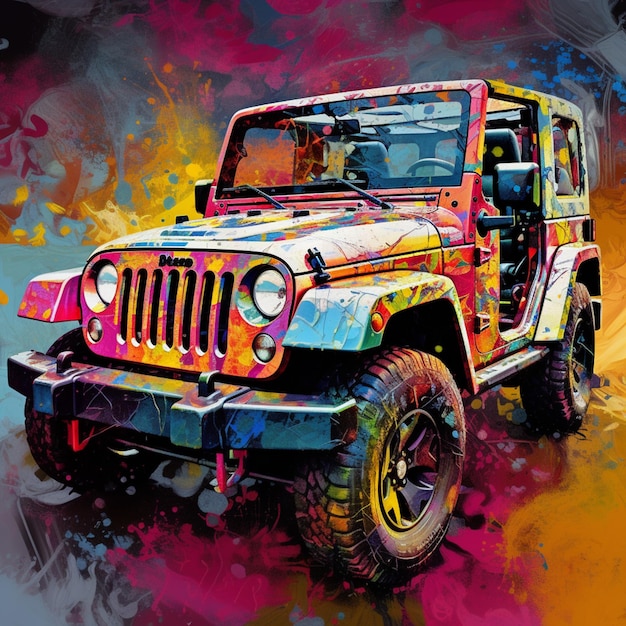Jeep de colores brillantes con salpicaduras de pintura brillante en el lateral ai generativo