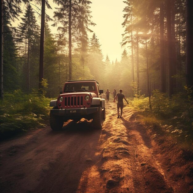 un jeep conduciendo por un camino de tierra junto a un bosque